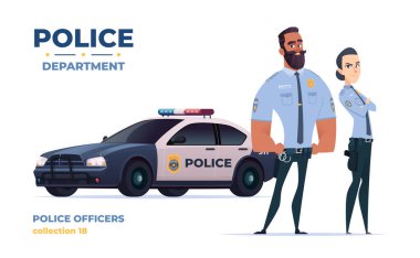 Karikatür polis memurları kadın ve erkek takımı. Polis arabalı kamu güvenliği memurları. Kanun ve düzenin koruyucuları.