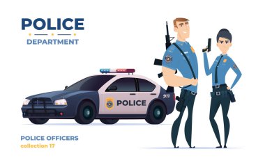 Karikatür polis memurları kadın ve erkek takımı. Polis arabalı kamu güvenliği memurları. Kanun ve düzenin koruyucuları.