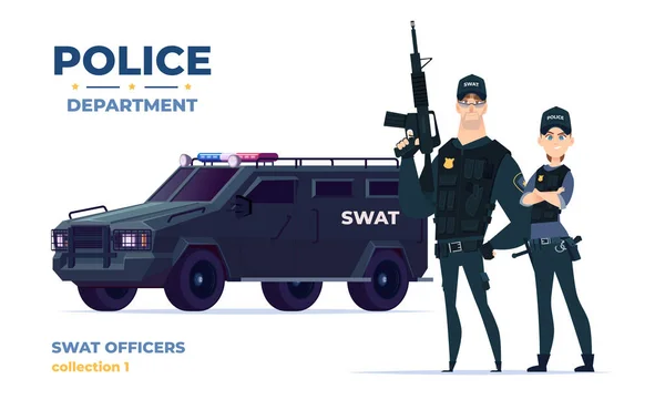 Des officiers de bande dessinée en armure. Agents de sécurité avec swat car. Gardiens de l'ordre public. — Image vectorielle