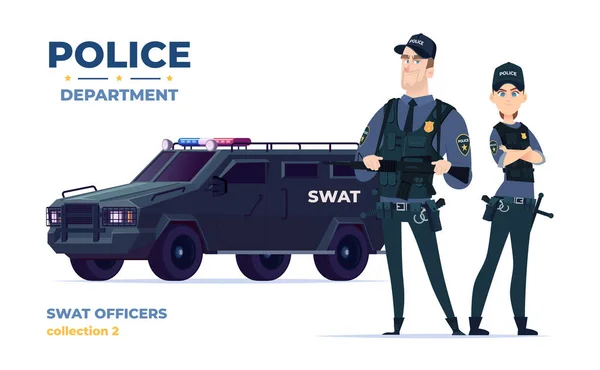 Cartoon swat oficiais homem e mulher equipe em armadura. Agentes de segurança com viatura. Guardiões da lei e da ordem . —  Vetores de Stock