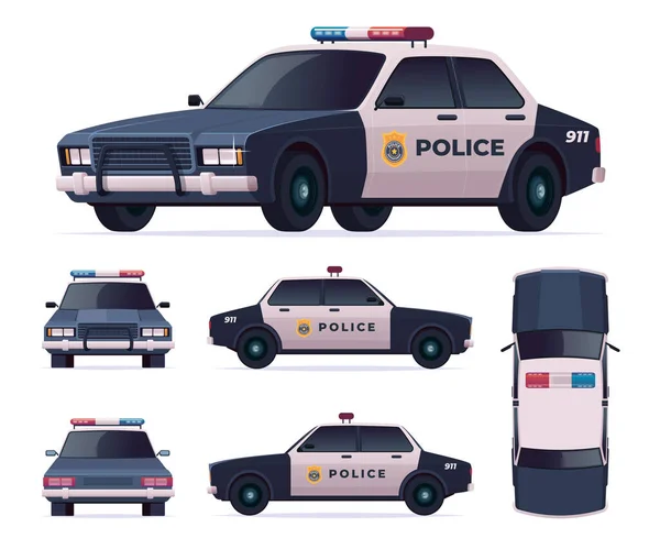 Conjunto de coches de policía. Vehículo oficial de patrulla, persecución de coches de policía y perseguir criminales. Vista frontal, trasera, lateral, superior . — Vector de stock