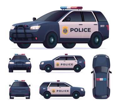 Polis arabası hazır. Devriye arabası, polis arabası takibi ve suçluların takibi. Öne, arkaya, yana, üste bak.