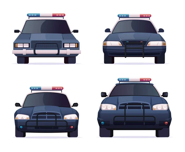 Dibujos animados moderna colección de coches de policía. Objeto vectorial aislado en blanco, vista frontal. Policía sedán y jeep coche conjunto — Vector de stock