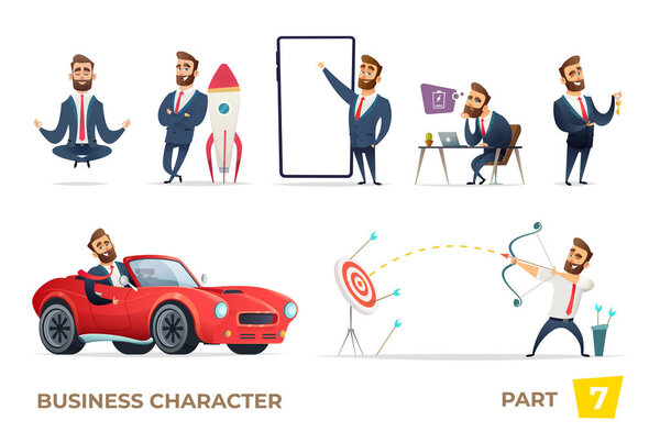 Bearded charming business men in different situations. 