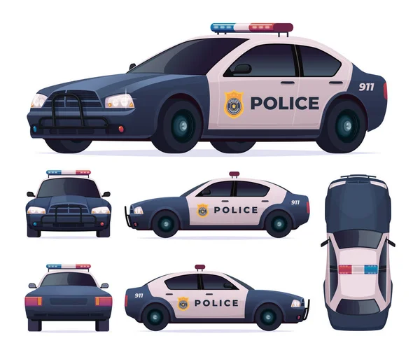Carro patrulha da polícia pronto. Vista frontal, traseira, lateral, superior . — Vetor de Stock