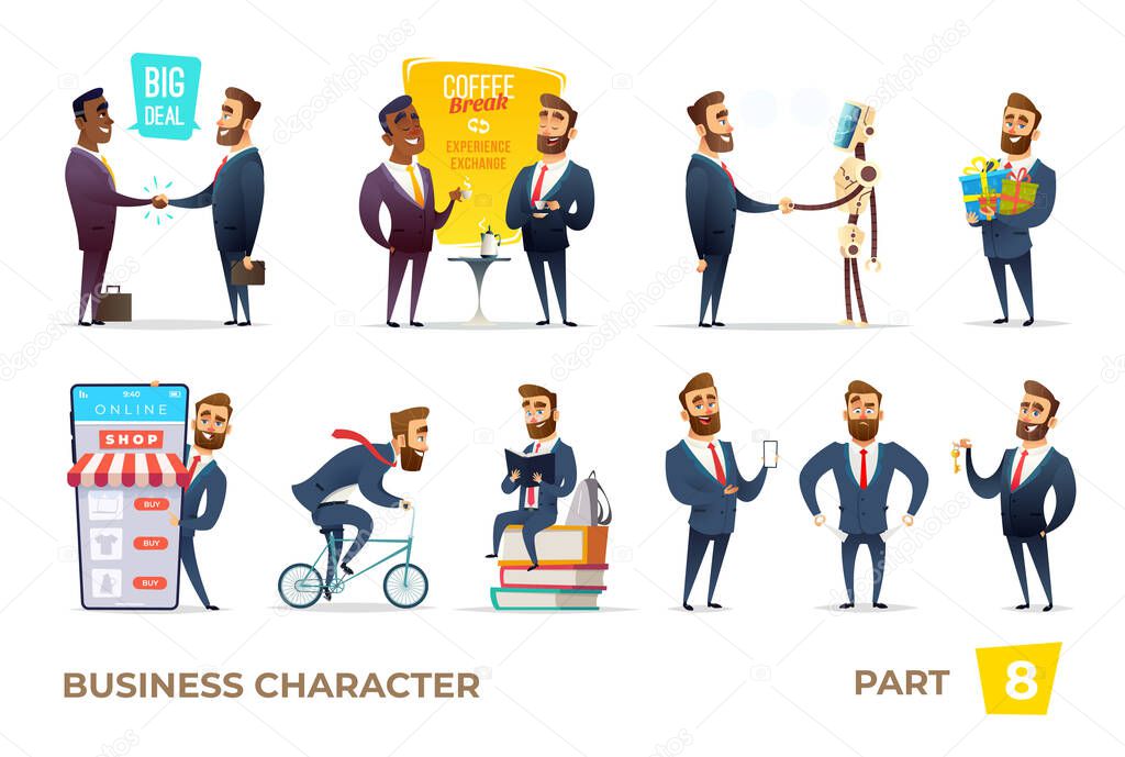 Bearded charming business men in different situations. 