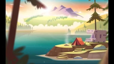 Dağ gölü manzaralı ve kamp yapan çizgi film çizimleri..