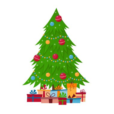 Hediye kutuları, ışıklar, dekorasyon topları ve lambalarla süslenmiş Noel ağacı..