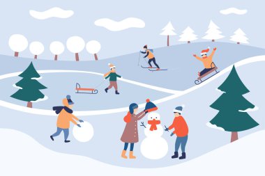 Çocuk kış tatilinde parkta. Kış manzarası. Mutlu Noeller ve mutlu Noeller. Güzel kart. Çocuklar kardan adam yapar..