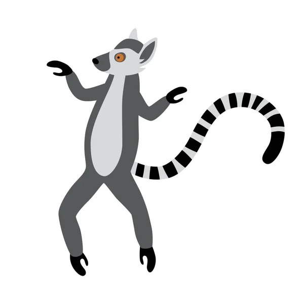 有趣的环尾狐猴跳跃。 异国情调的狐猴赛艇 卡通人物和平面风格的矢量图解 — 图库矢量图片