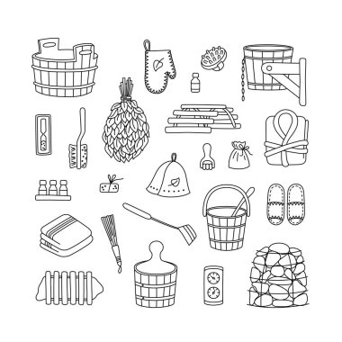 Sauna aksesuarları - çamaşır makinesi, süpürge, küvet, kova, havlu ve diğer şeyler. Tahtadan yapılmış banyo aksesuarları..