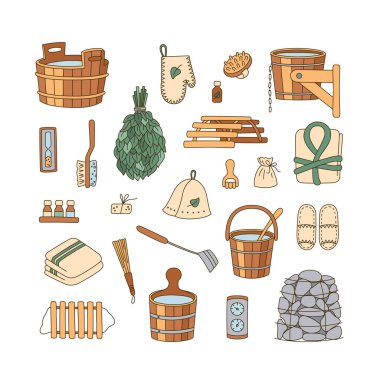 Sauna aksesuarları - çamaşır makinesi, süpürge, küvet, kova, havlu ve diğer şeyler. Tahtadan yapılmış banyo aksesuarları..