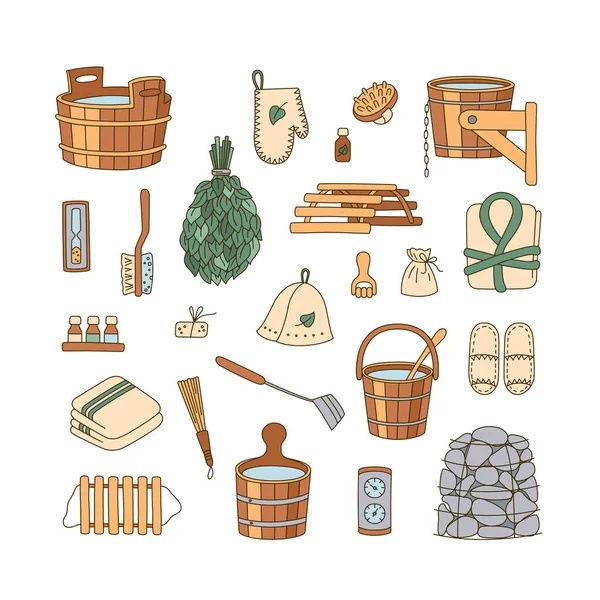 Sauna accessoires - wasmachine, bezem, bad, emmer, handdoek en andere. Badaccessoires van hout. — Stockvector