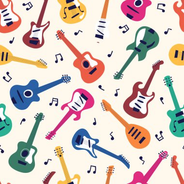 Işık arka planında akustik ve elektro gitarların kusursuz deseni. Sevimli düz çizgi film tarzında müzik aletleri.