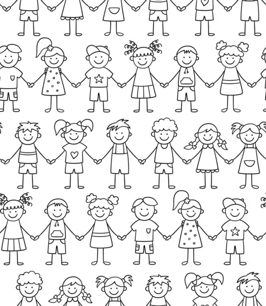 Nahtloses Muster lustiger Kinder beim Händchenhalten. Freundschaftskonzept. Glückliche niedliche Kritzelkinder — Stockvektor