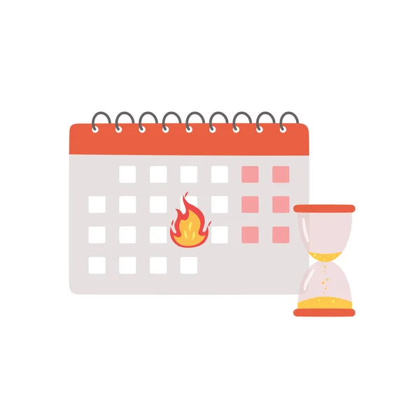 Deadline banner. Calendar with a burning date and hourglass as a symbol of the finish of an important project. — Stock Vector