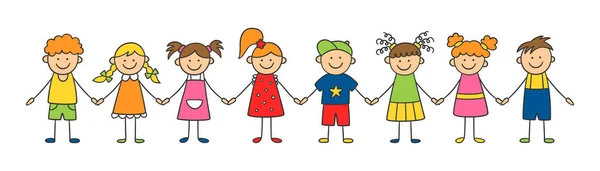 Un grupo de chicos graciosos tomados de la mano. Concepto de amistad. Feliz lindo garabato niños. Ilustración vectorial aislada — Vector de stock