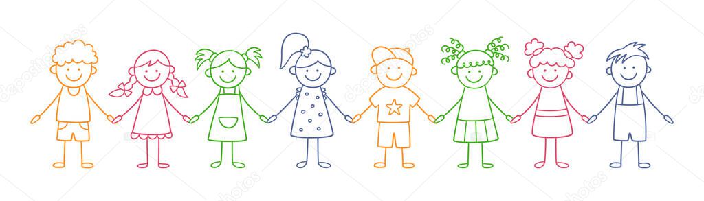 Group of funny kids holding hands. Friendship concept. Happy cute doodle children. Isolated vector illustration
