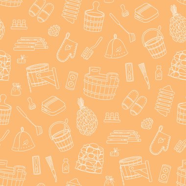 Sauna ve hamam aksesuarları. El çizimi pürüzsüz desen.