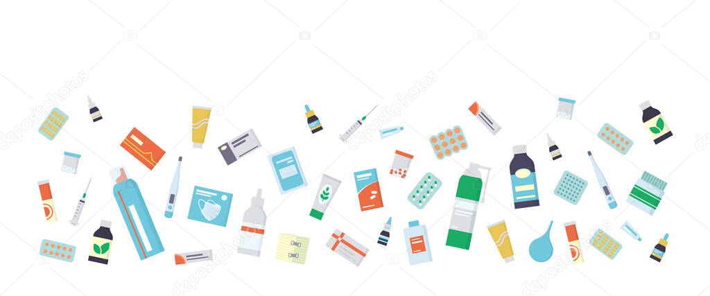 Flyer for the pharmacy with medications, drugs, pills and bottles. Isolated vector illustration