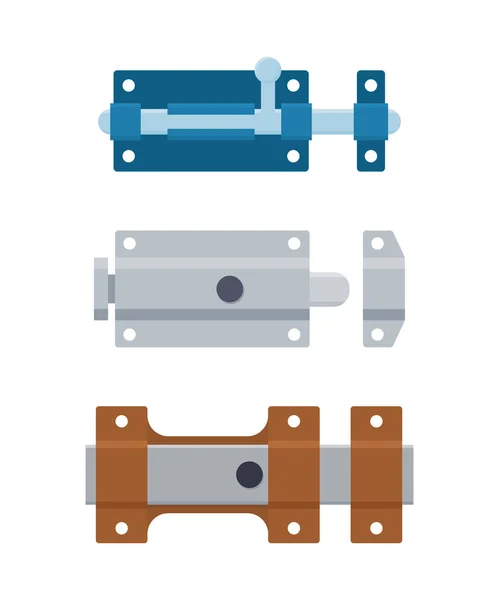 Set metalen deurbouten en sluitingen. Veiligheidsapparatuur van staal. Vectorillustratie — Stockvector