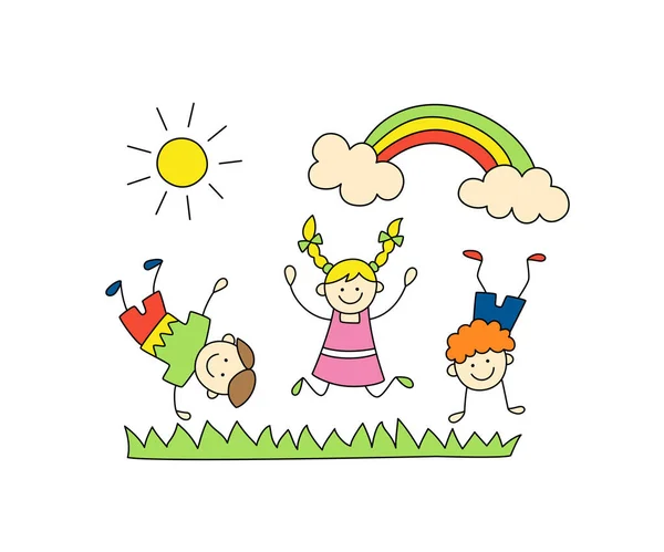 Fun children play outdoors. Cute doodle kids, sun and rainbow. — Stock Vector