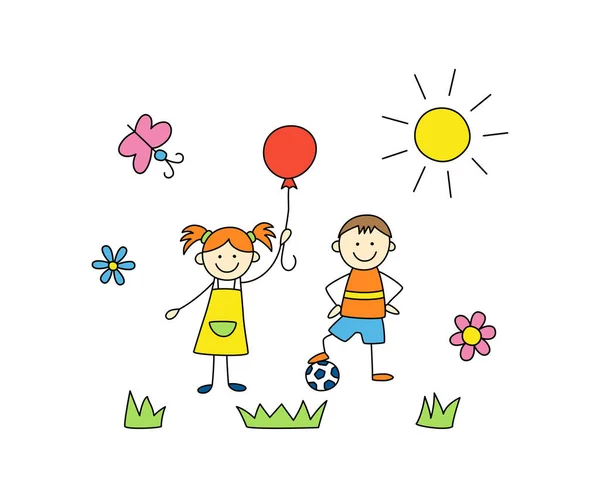 Fun kids play outdoors. Cute doodle boy with ball and girl with balloon — Stock Vector