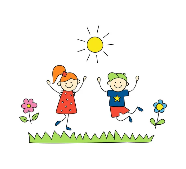 Fun children play outdoors. Cute doodle boy and girl jump. — Stock Vector