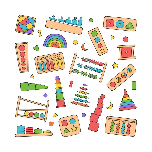 Jouets pour enfants dessinés à la main pour les jeux Montessori. Jouets logiques éducatifs pour enfants d'âge préscolaire. — Image vectorielle