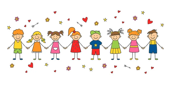 Grupo de miúdos engraçados de mãos dadas. Conceito de amizade. Feliz bonito doodle crianças. Ilustração vetorial isolada —  Vetores de Stock