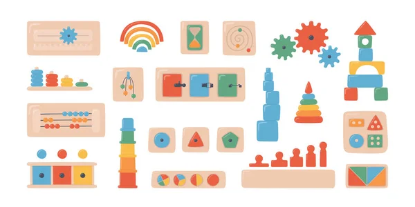 Montessori çocuk oyuncakları ve tahtaları. Anaokulu çocukları için tahta oyuncaklar. Erken çocukluk gelişimi için Montessori sistemi. — Stok Vektör