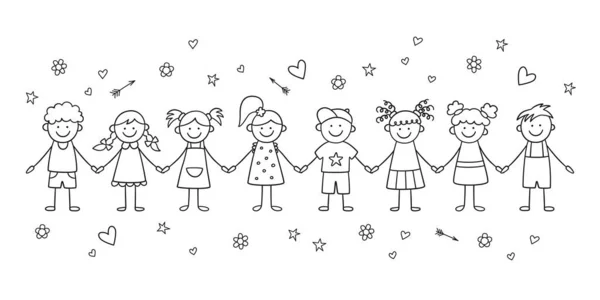 Grupo de miúdos engraçados de mãos dadas. Conceito de amizade. Feliz bonito doodle crianças. Ilustração vetorial isolada — Vetor de Stock