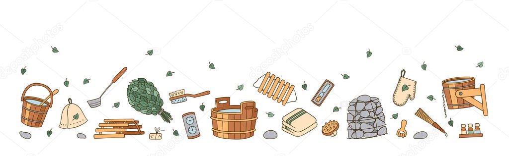 Flyer with hand drawn bathhouse and sauna accessories. Tub and birch broom, pot holder and hat, thermometer, massager and other. Vector illustration