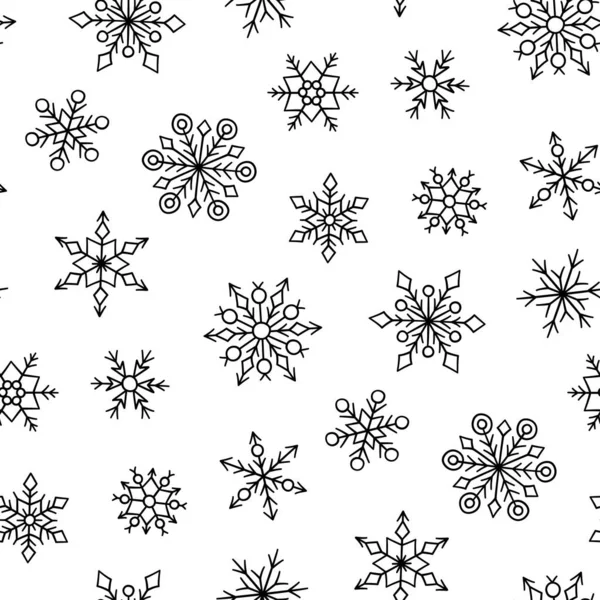 Patrón sin costuras con copos de nieve de invierno. Textura de nevada dibujada a mano. Ilustración vectorial — Vector de stock