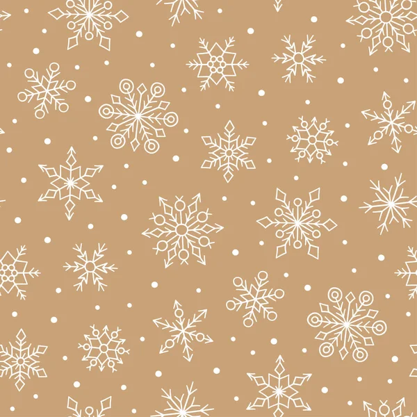 Zlatý hladký vzor s roztomilými sněhovými vločkami. Ručně kreslená sněhová textura. Vektor — Stockový vektor