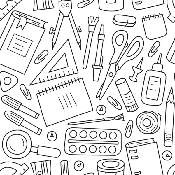 Nahtloses Muster mit Schul- und Büropapier im Doodle und Cartoon-Stil. Vektor — Stockvektor