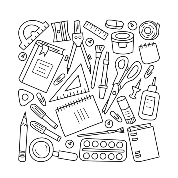 Conjunto de escola e papelaria de escritório em estilo doodle e desenhos animados. Ilustração vetorial —  Vetores de Stock