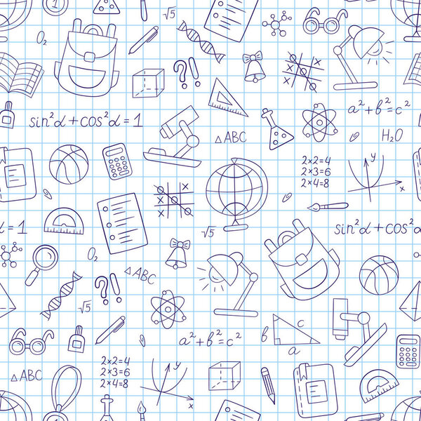 School seamless pattern in doodle style. Notebook in a cage.