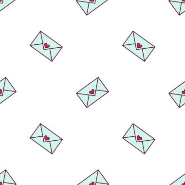 Aşkın harfleriyle kusursuz bir düzen. Kalple süslenmiş kağıt bir zarf. Vektör