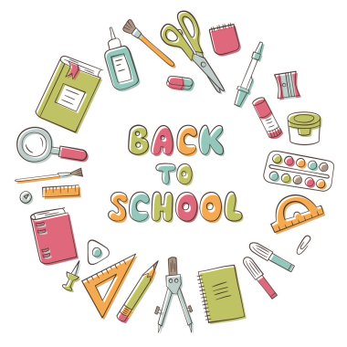 Okula dönelim. Karalama ve karikatür tarzında bir takım okul öğeleri içeren kart.