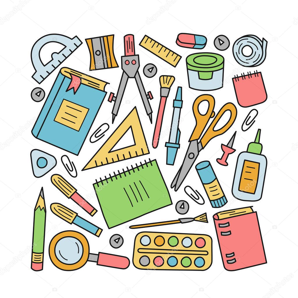 Set of school and office stationery in doodle and cartoon style. Vector illustration