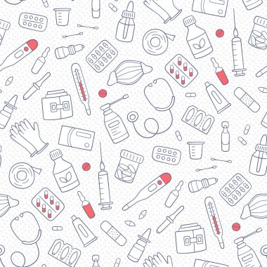 İlaçlar, ilaçlar, haplar, şişeler ve sağlık malzemeleriyle kusursuz karalama kalıbı.