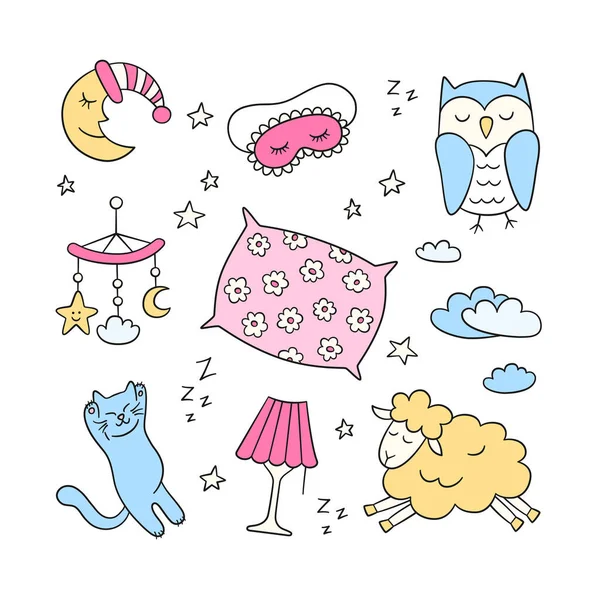 Dormir dans un style doodle. Bonne nuit symboles lune, lampe, chat endormi, oreiller et plus encore. Illustration vectorielle — Image vectorielle