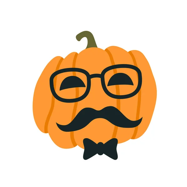 Halloween Pompoen in de afbeelding van een hipster met bril en snor. Vectorillustratie — Stockvector