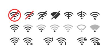 Kablosuz simge seti. Kablosuz internet yok. Wi-Fi sinyalinin farklı seviyeleri. Vektör illüstrasyonu