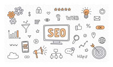 Seo teknolojisi ve web trafiği optimizasyonu. El Çizimi vektör illüstrasyonu