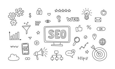 Seo teknolojisi ve web trafiği optimizasyonu. El Çizimi vektör illüstrasyonu
