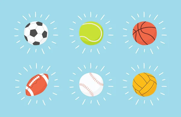 Lśniąca piłka nożna, koszykówka, baseball, tenis, siatkówka, piłka wodna. Ilustracja wektora narysowanego ręcznie — Wektor stockowy