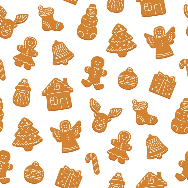 Noel için kusursuz zencefilli kurabiye deseni. Zencefilli kurabiye evi, insan, melek, ren geyiği, Noel ağacı.. — Stok Vektör