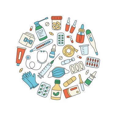 İlaçlar, ilaçlar, haplar, şişeler ve sağlık malzemeleri. Renk vektörü illüstrasyonu